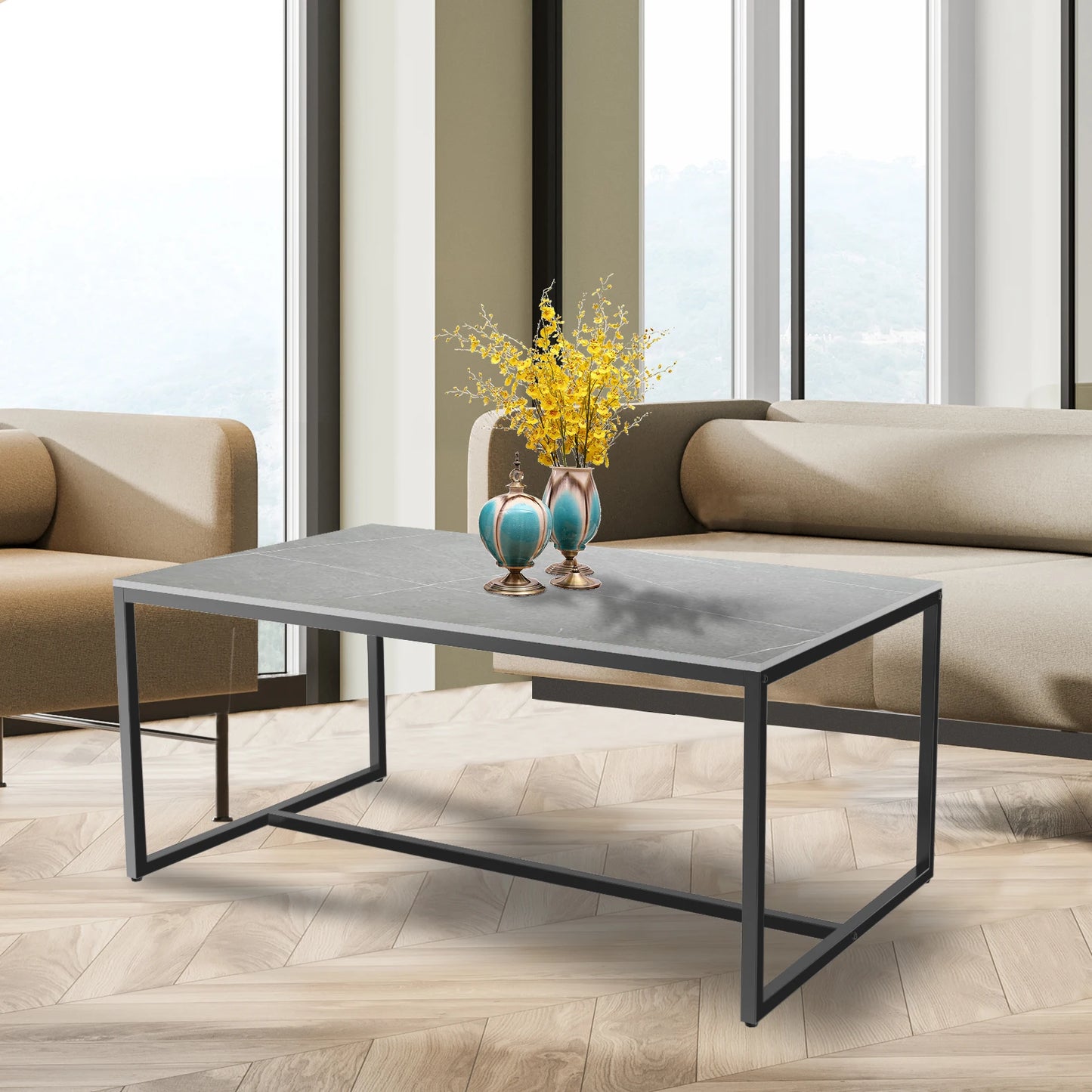 Modern Marble and Metal Frame Open Rectangle Coffee Accent Table.