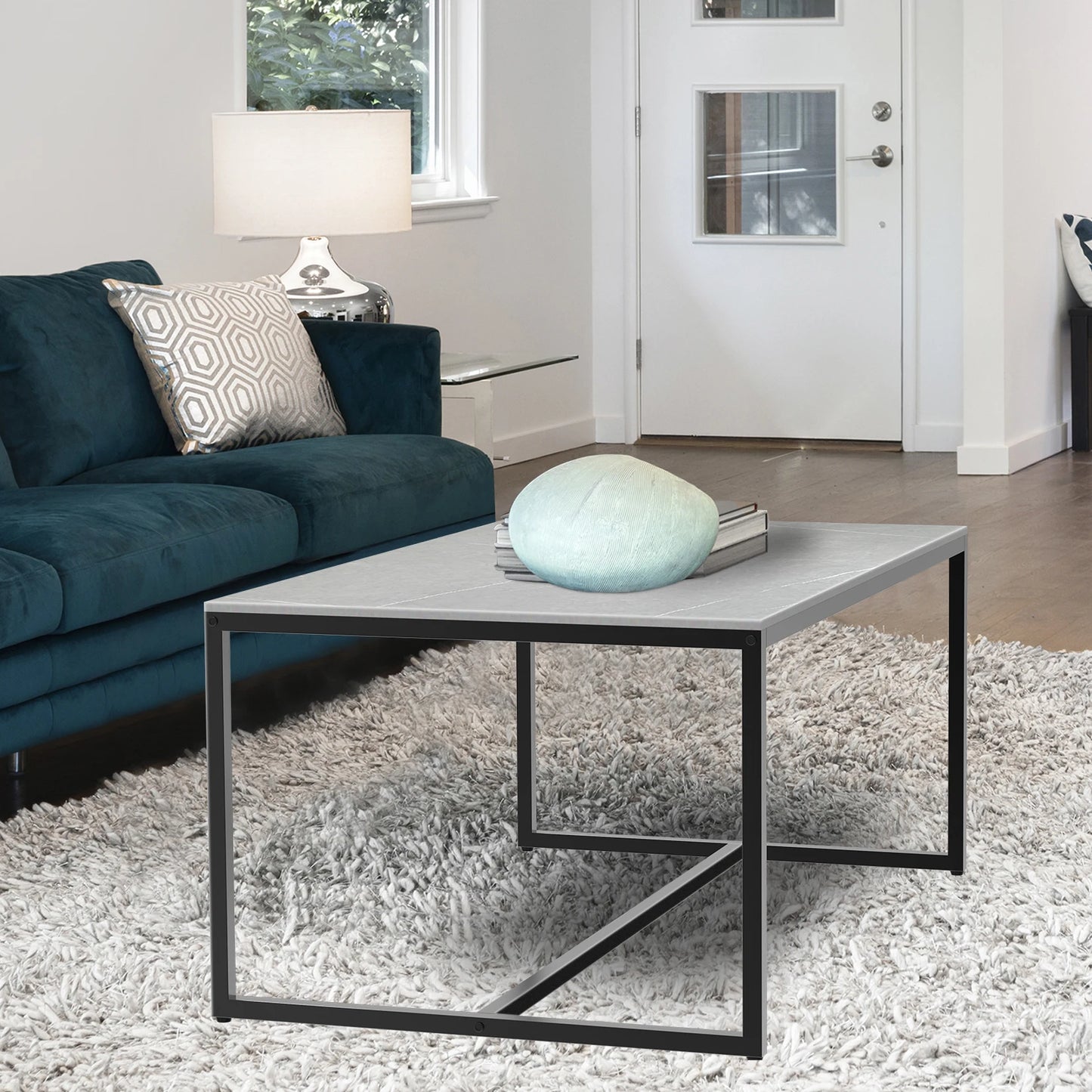 Modern Marble and Metal Frame Open Rectangle Coffee Accent Table.