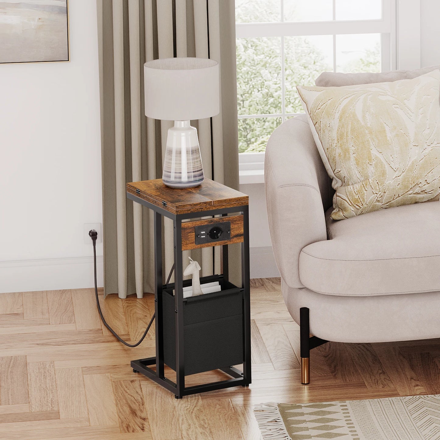 Side Table with Charging Station C Shape Folding Coffee Table