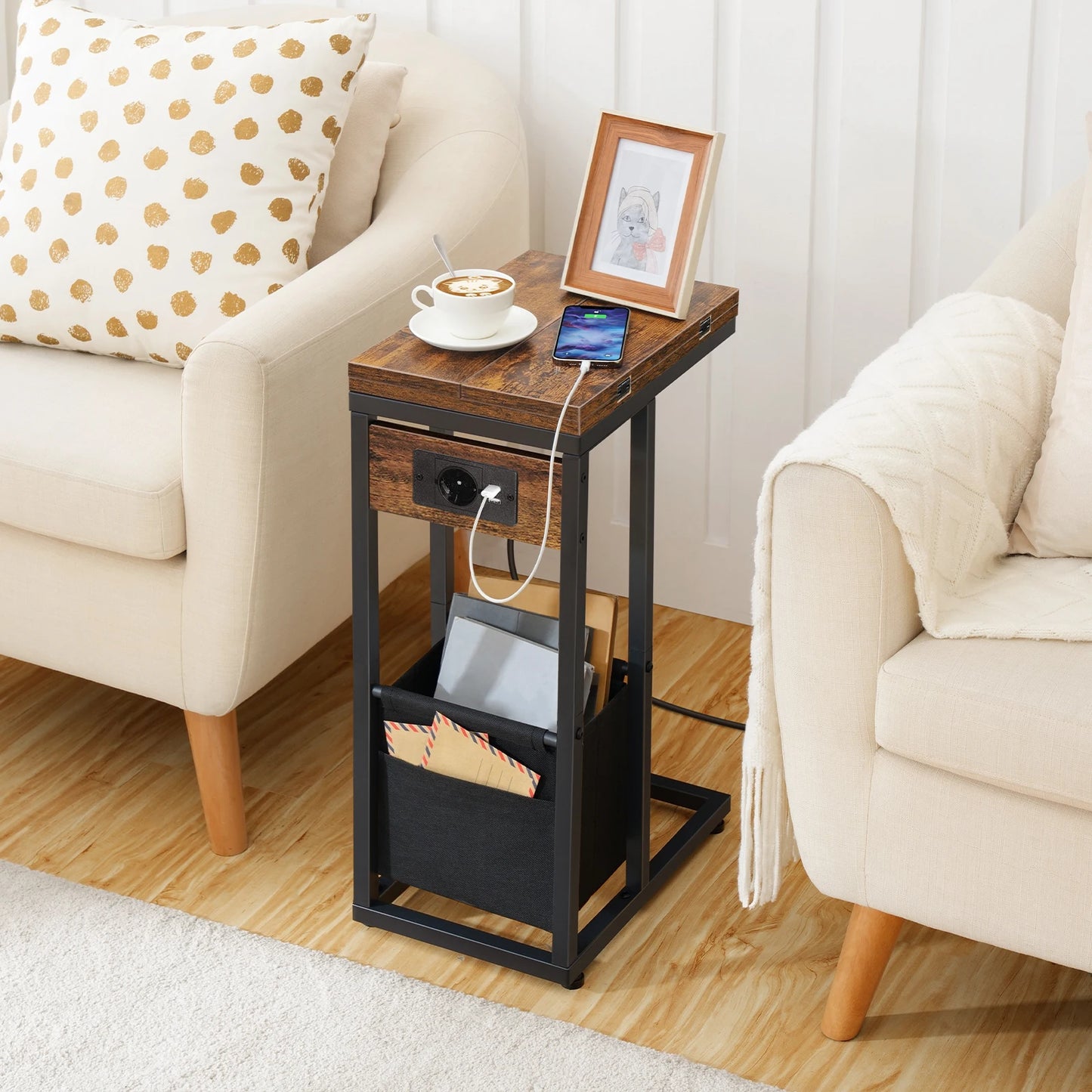 Side Table with Charging Station C Shape Folding Coffee Table