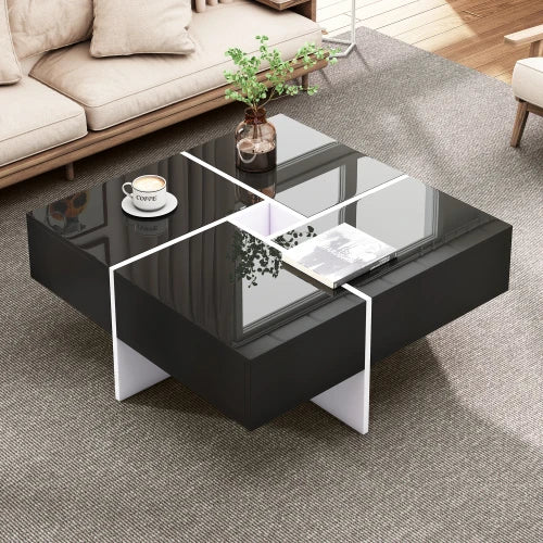 Coffee table, Black high gloss living room table, side table with drawers and golden accents.