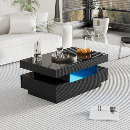 Coffee table, Black high gloss living room table, side table with drawers and golden accents.