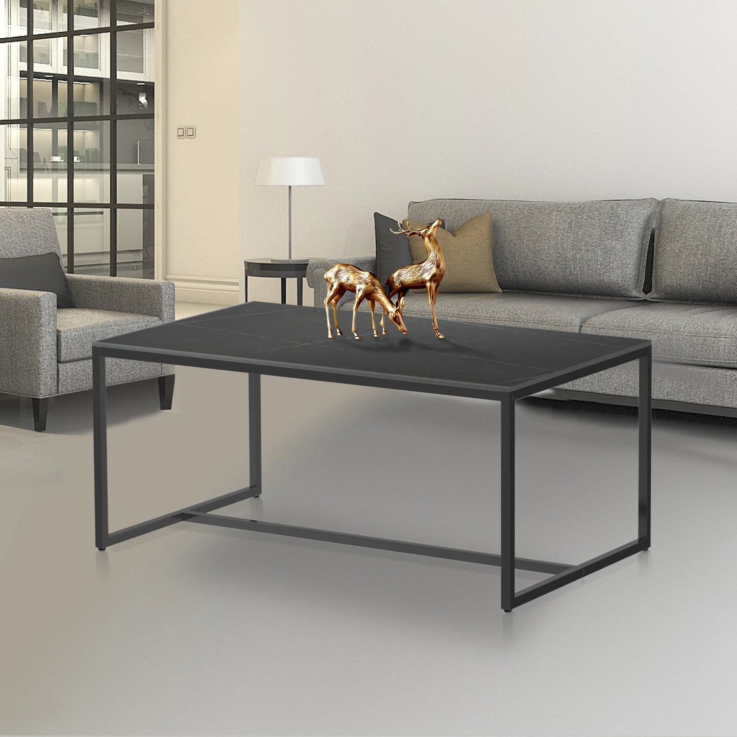 Modern Marble and Metal Frame Open Rectangle Coffee Accent Table.