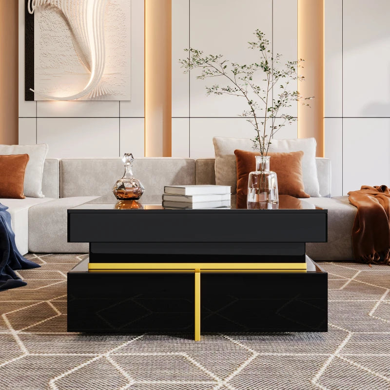 Coffee table, Black high gloss living room table, side table with drawers and golden accents.