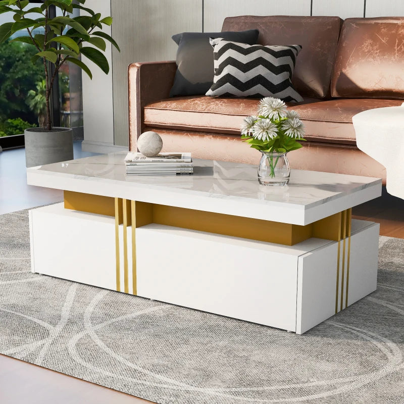 Coffee table, Black high gloss living room table, side table with drawers and golden accents.