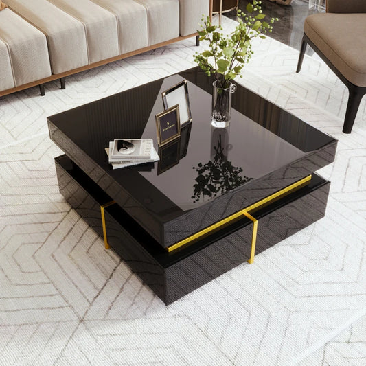 Coffee table, Black high gloss living room table, side table with drawers and golden accents.