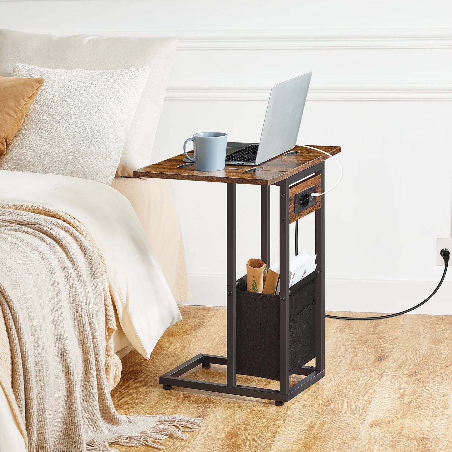 Side Table with Charging Station C Shape Folding Coffee Table