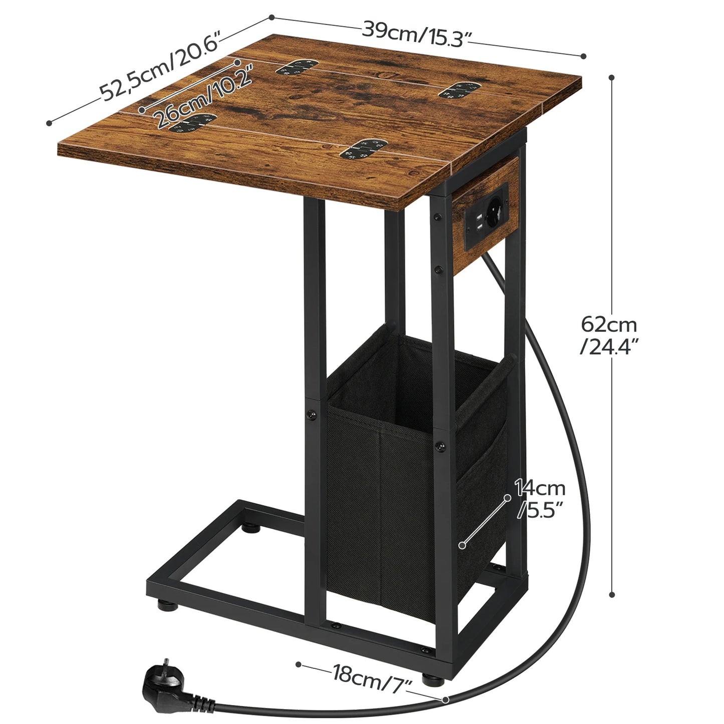 Side Table with Charging Station C Shape Folding Coffee Table