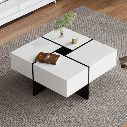 Coffee table, Black high gloss living room table, side table with drawers and golden accents.