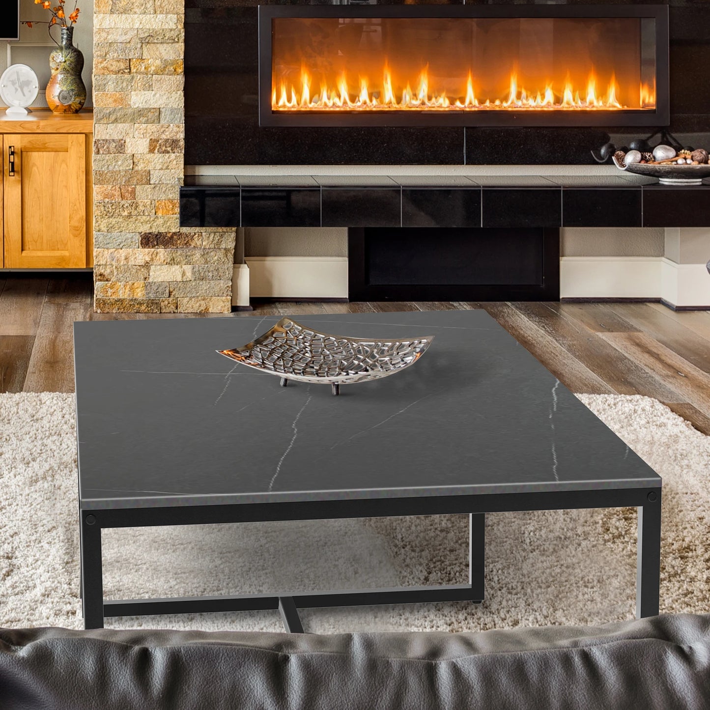 Modern Marble and Metal Frame Open Rectangle Coffee Accent Table.