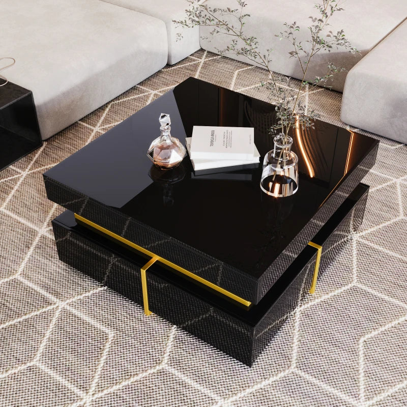 Coffee table, Black high gloss living room table, side table with drawers and golden accents.