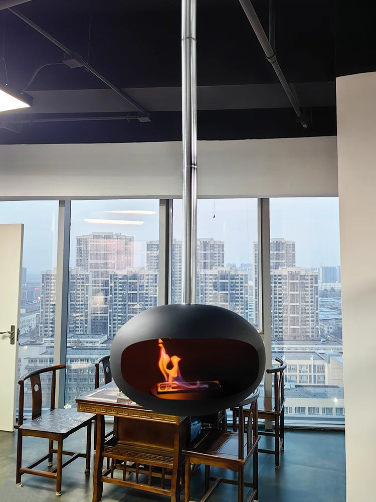 Roof mounted bio ethanol suspended fireplace.