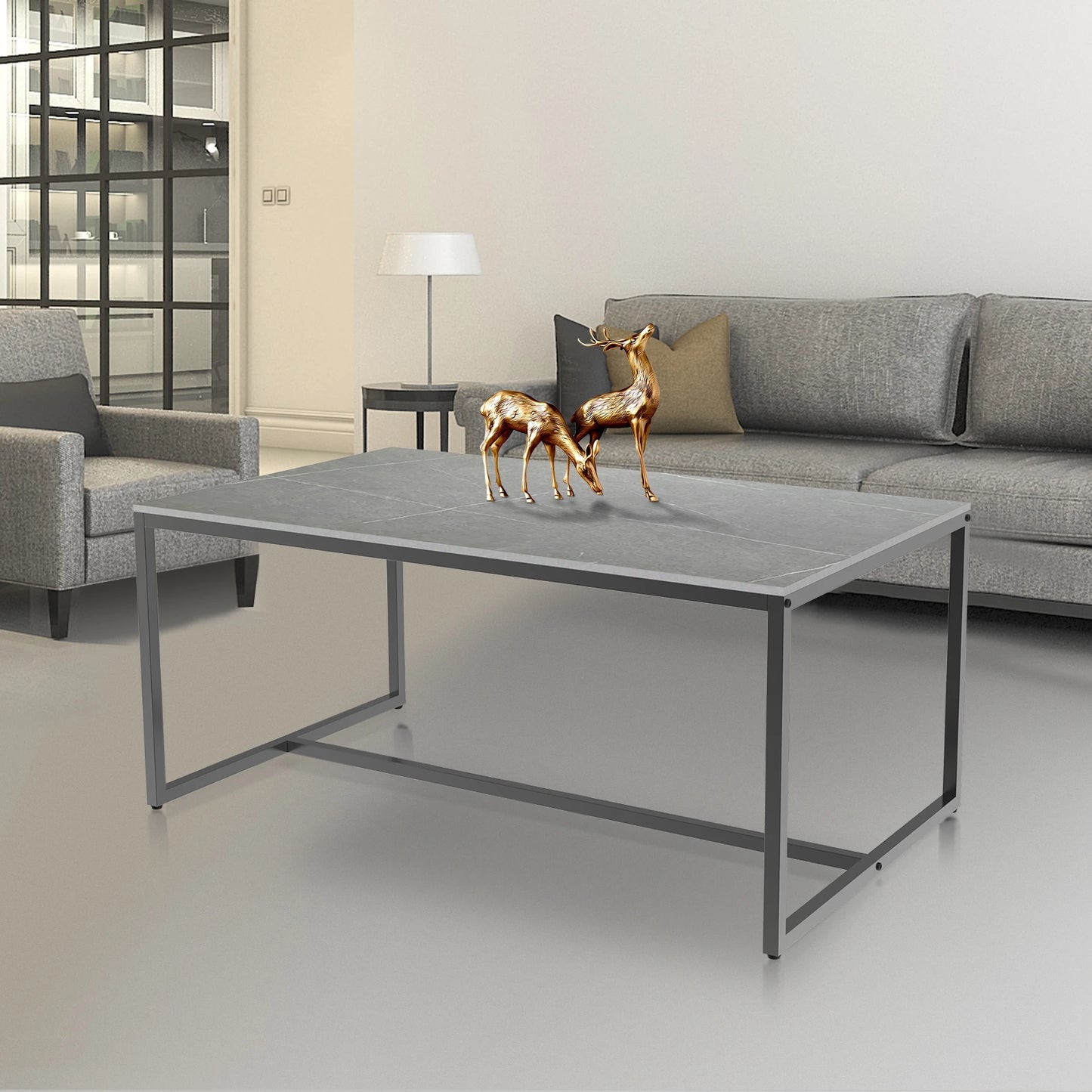 Modern Marble and Metal Frame Open Rectangle Coffee Accent Table.