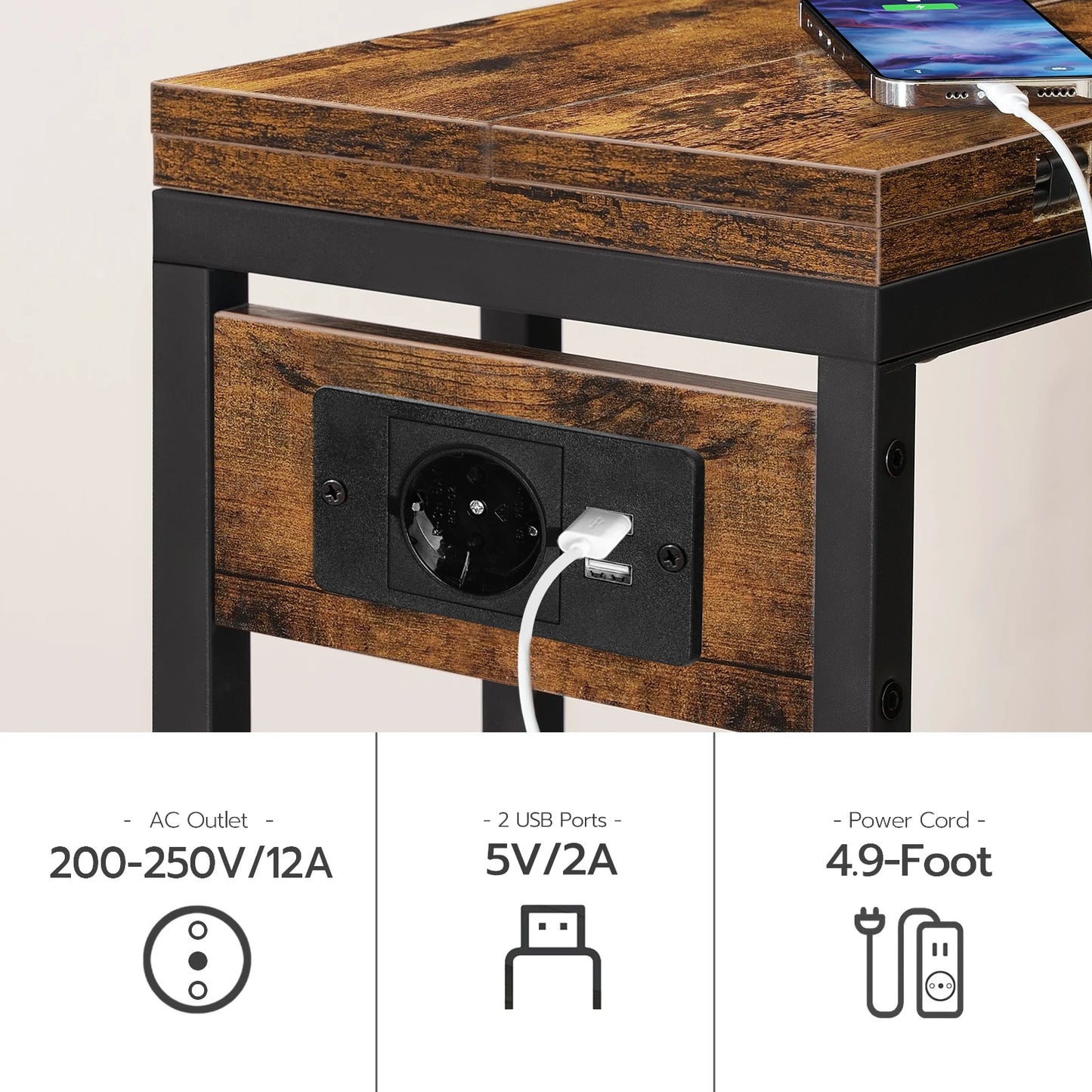 Side Table with Charging Station C Shape Folding Coffee Table