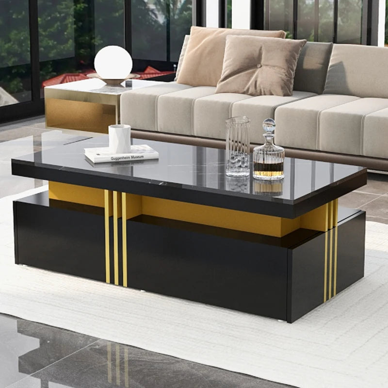 Coffee table, Black high gloss living room table, side table with drawers and golden accents.