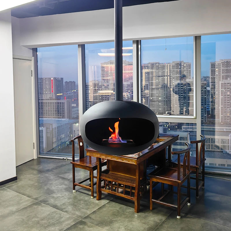 Roof mounted bio ethanol suspended fireplace.